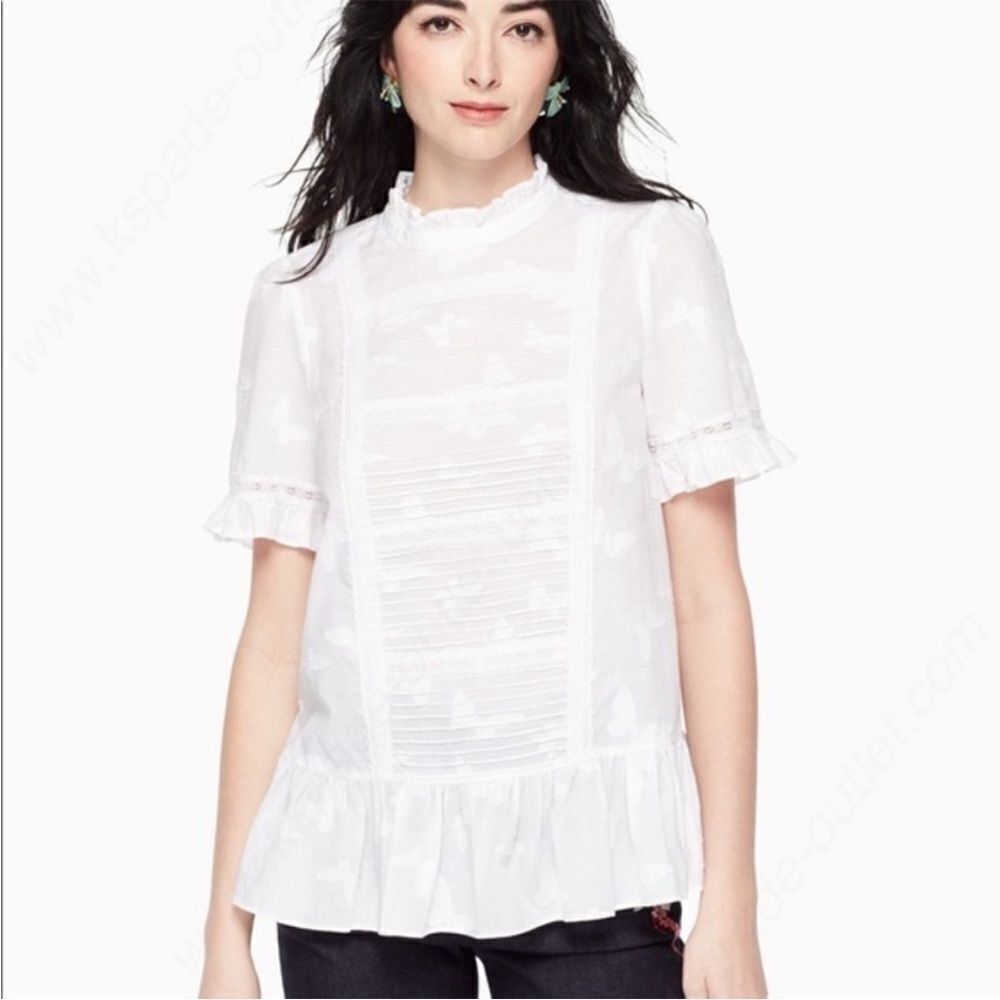 KATE SPADE BUTTERFLY CLIPPED FLOUNCE BLOUSE 100% COTTON WHITE SIZE SMALL EUC